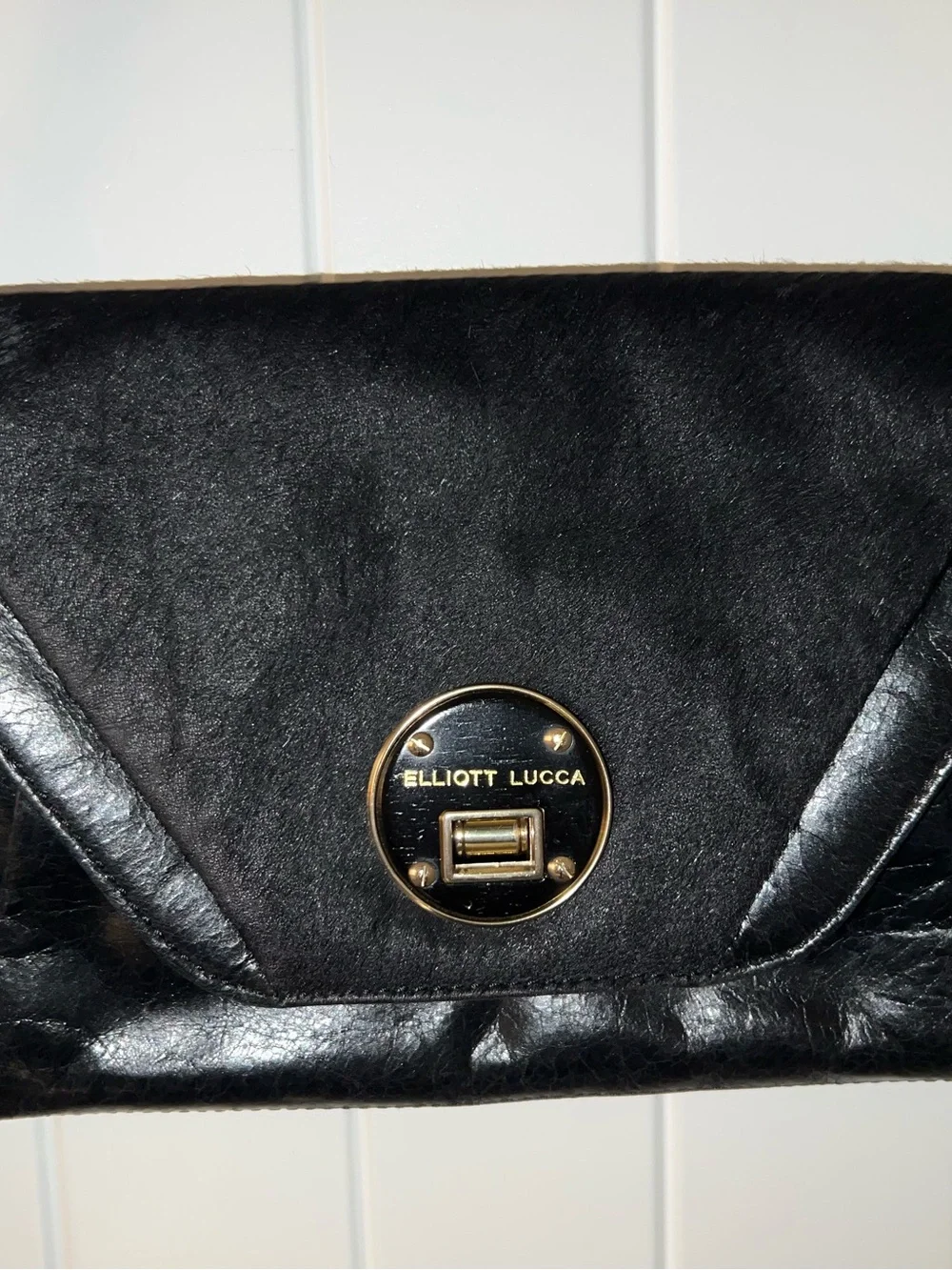 Elliott Lucca Black Envelope Shoulder Bag with Gold Turn-Lock